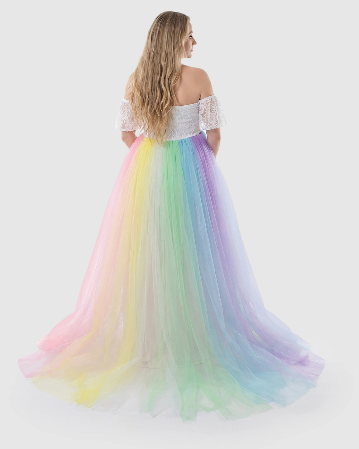 Lace-Spliced Rainbow Trailing Maternity Gown