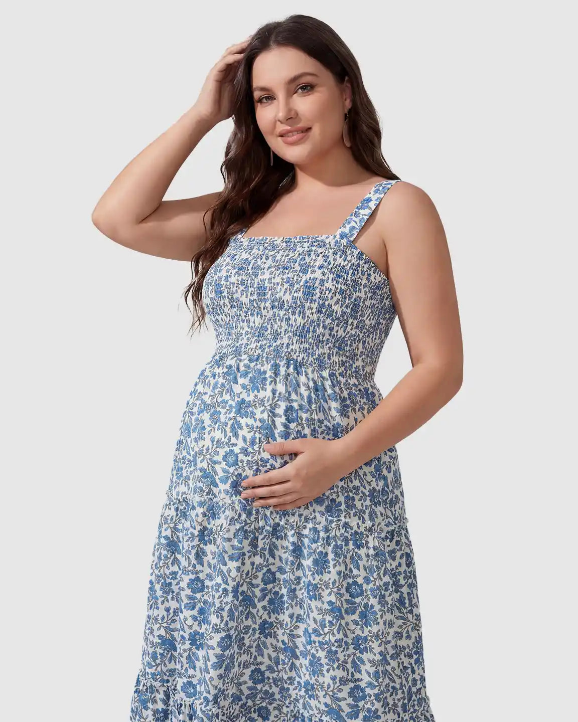 Smocked Floral A-Line Maternity Midi Dress