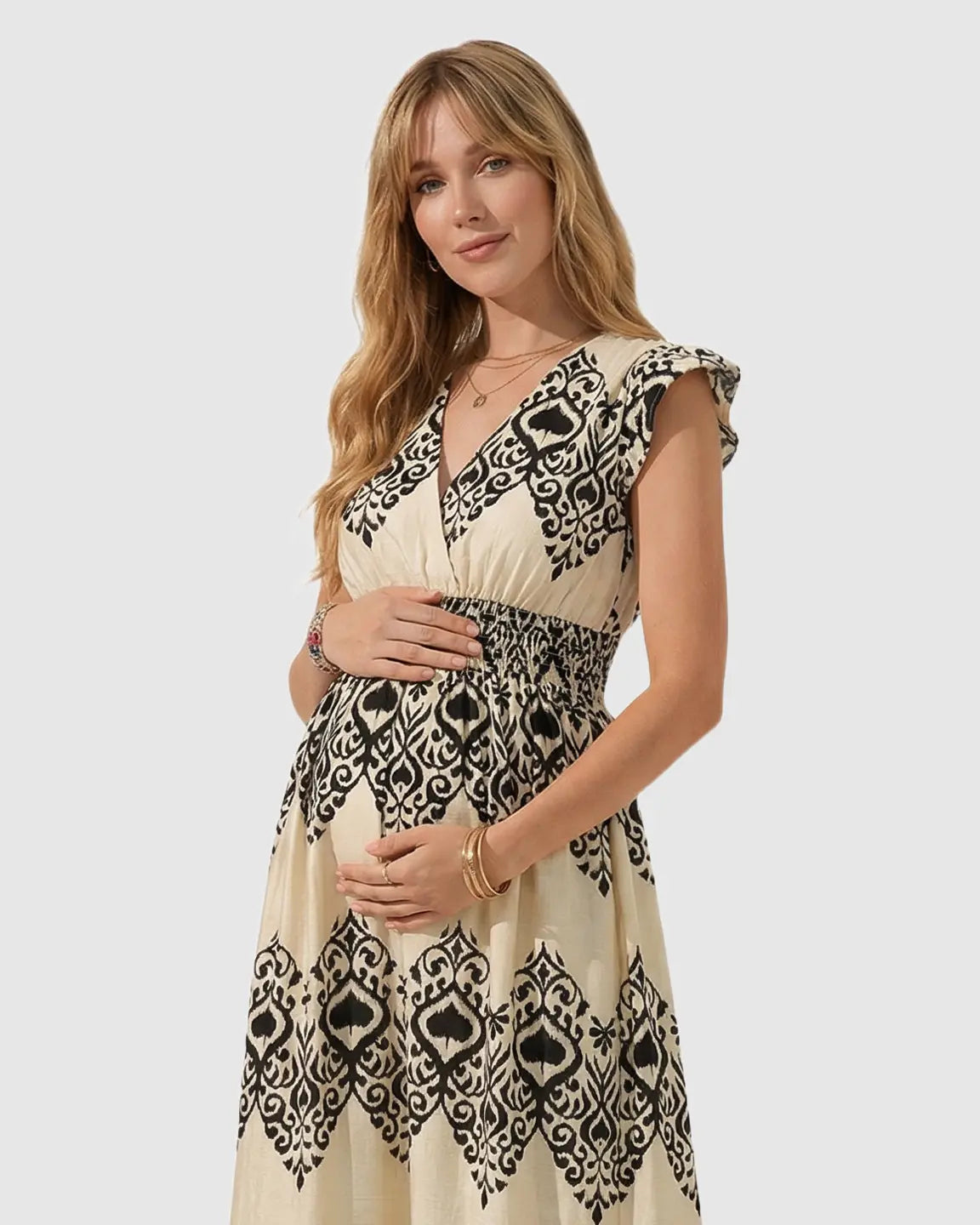 V-neck Ethnic Print Maternity Maxi Dress