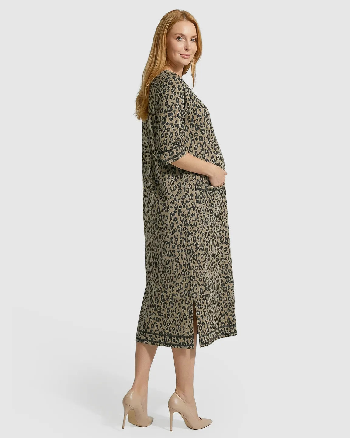 Front Zipper Leopard Print Maternity Nursing Lounge Dress