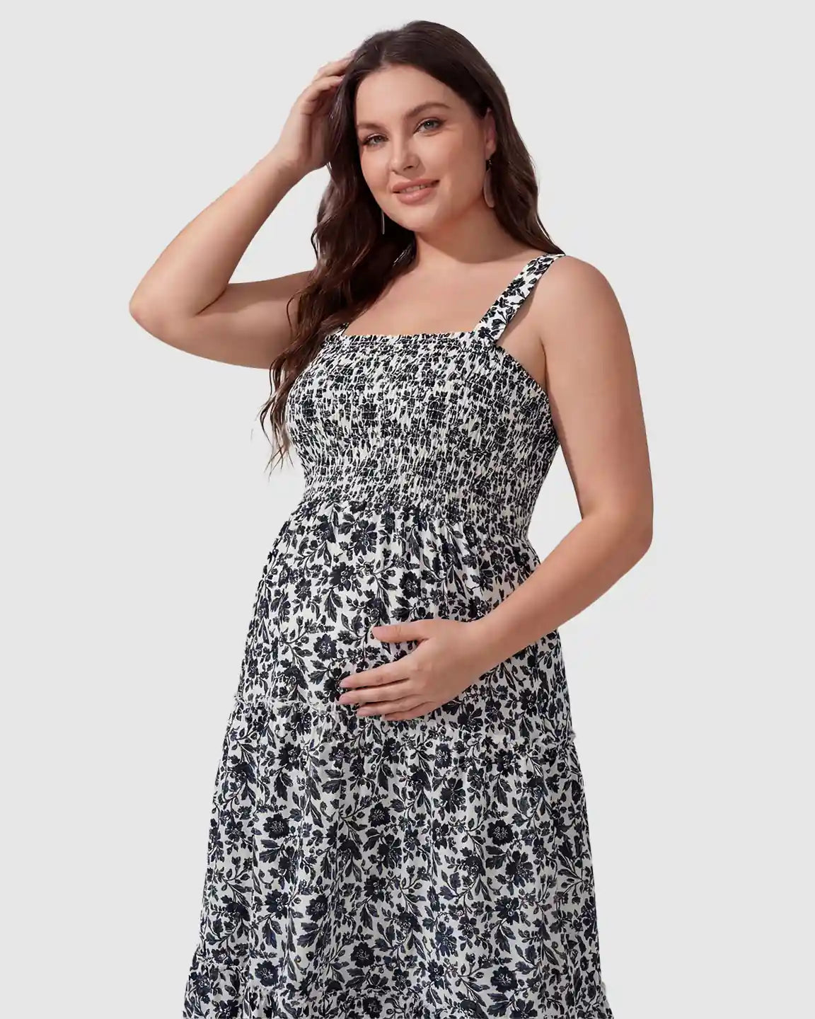 Smocked Floral A-Line Maternity Midi Dress