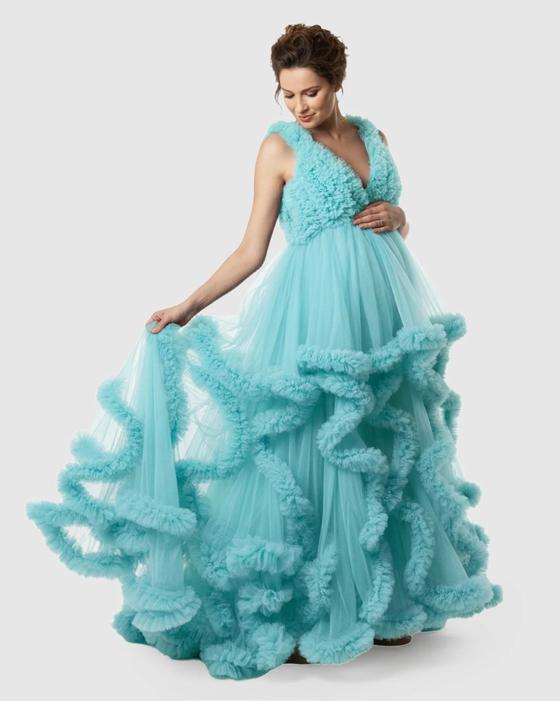 Ruffled Bodice Multi-Layer Mesh Pleats Maternity Gown