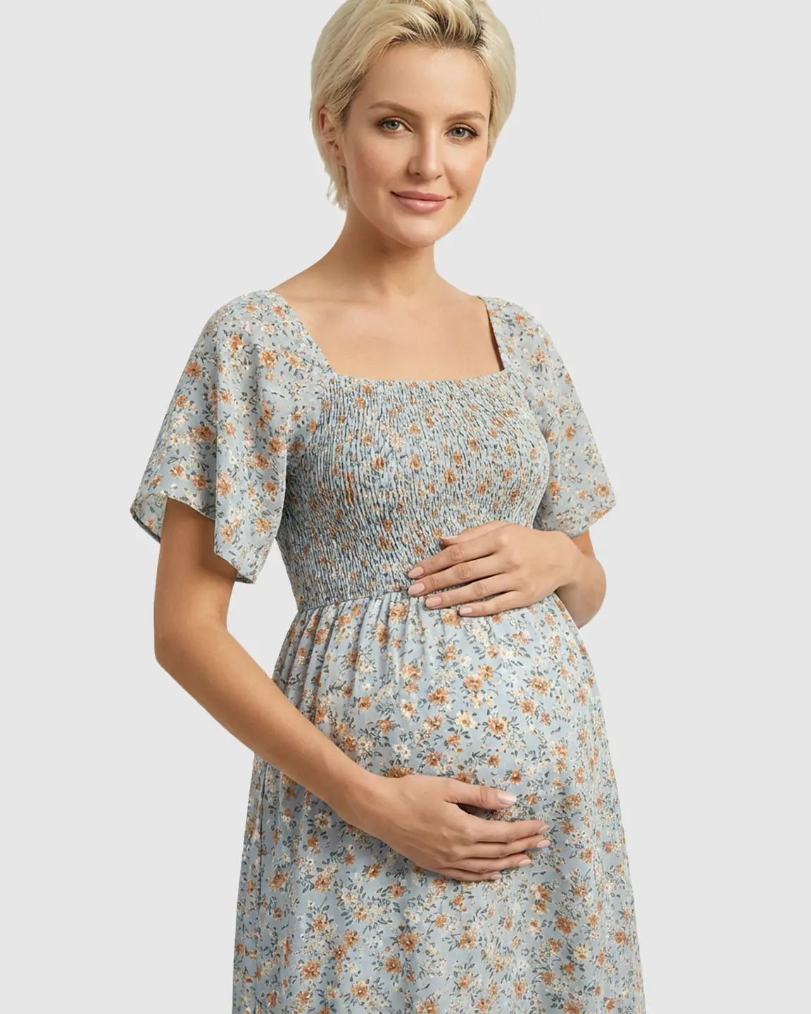 Smocked Bodice Square Neck Maternity Midi Dress