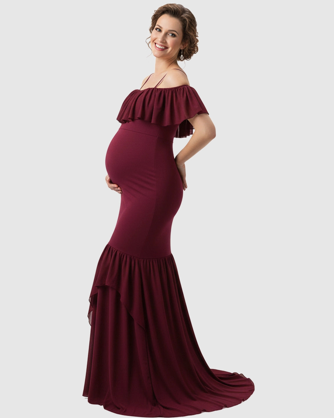 Ruffled Off-Shoulder Mermaid Train Maternity Photoshoot Dress