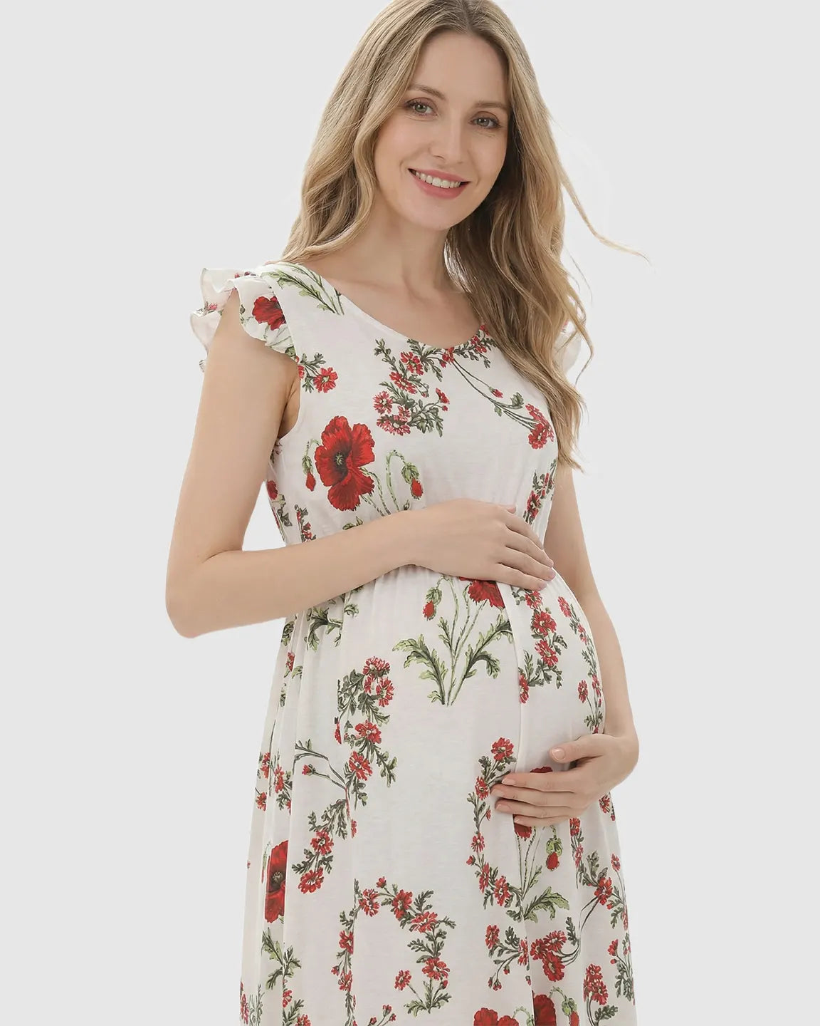 Ruffle Shoulder Floral Maternity Maxi Dress