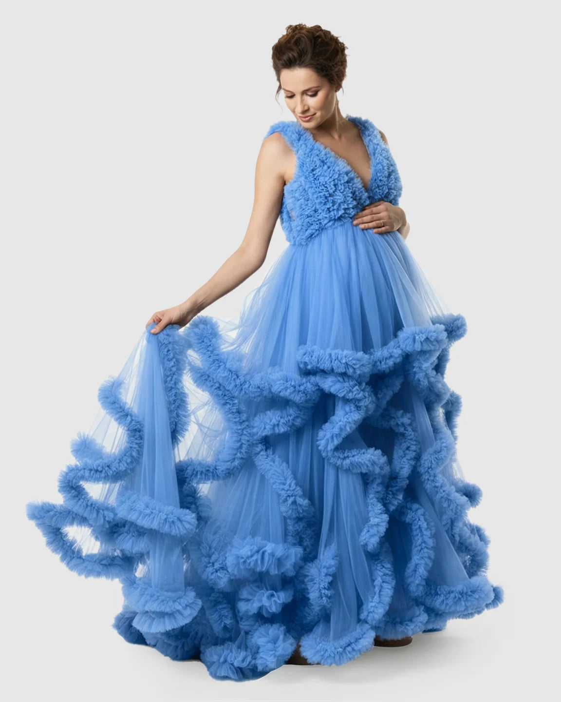 Ruffled Bodice Multi-Layer Mesh Pleats Maternity Gown