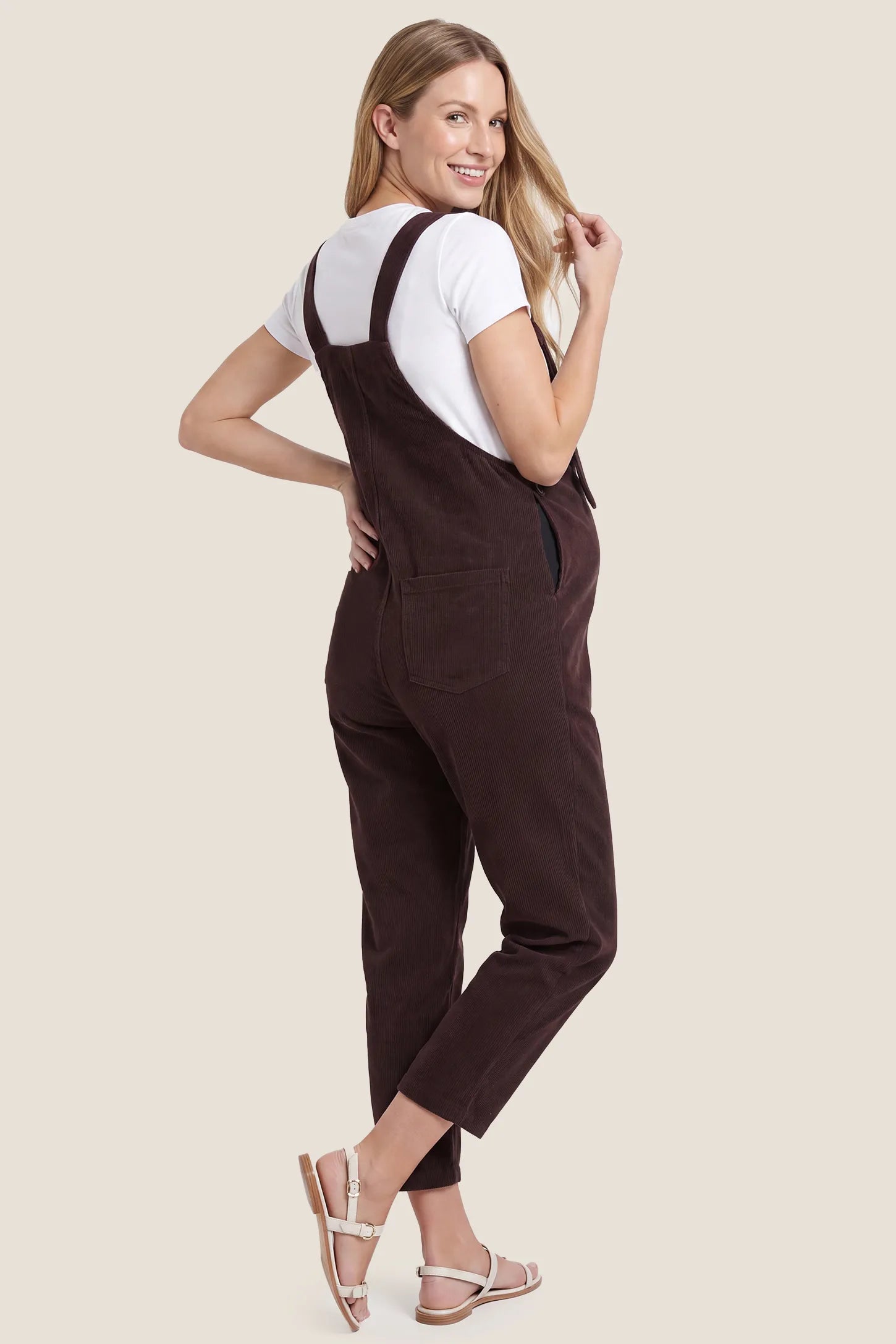 Wide Leg Side Stretch Panel Maternity Overalls Back view of brown wide leg side stretch panel maternity overalls
